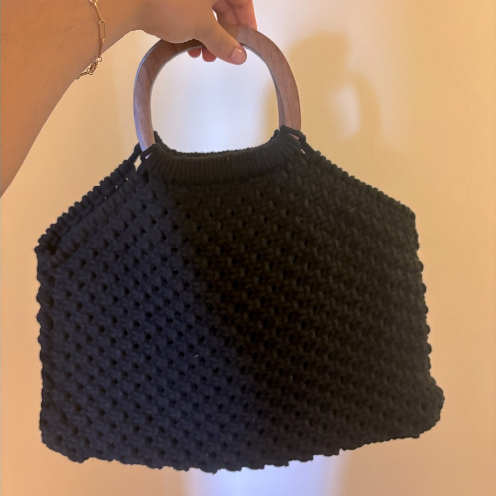 Urban Outfitters Black Knit Handbag with Wooden Handles